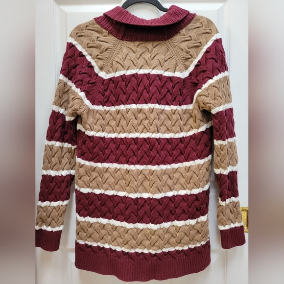 Lands' End Drifter Cable Knit Striped Cardigan Button Down Sweater Size Large - Picture 2 of 4